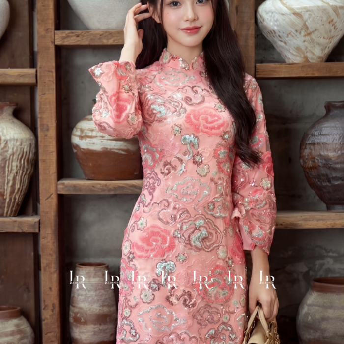 Áo Dài Hoa Hồng Phấn Ngân Sa