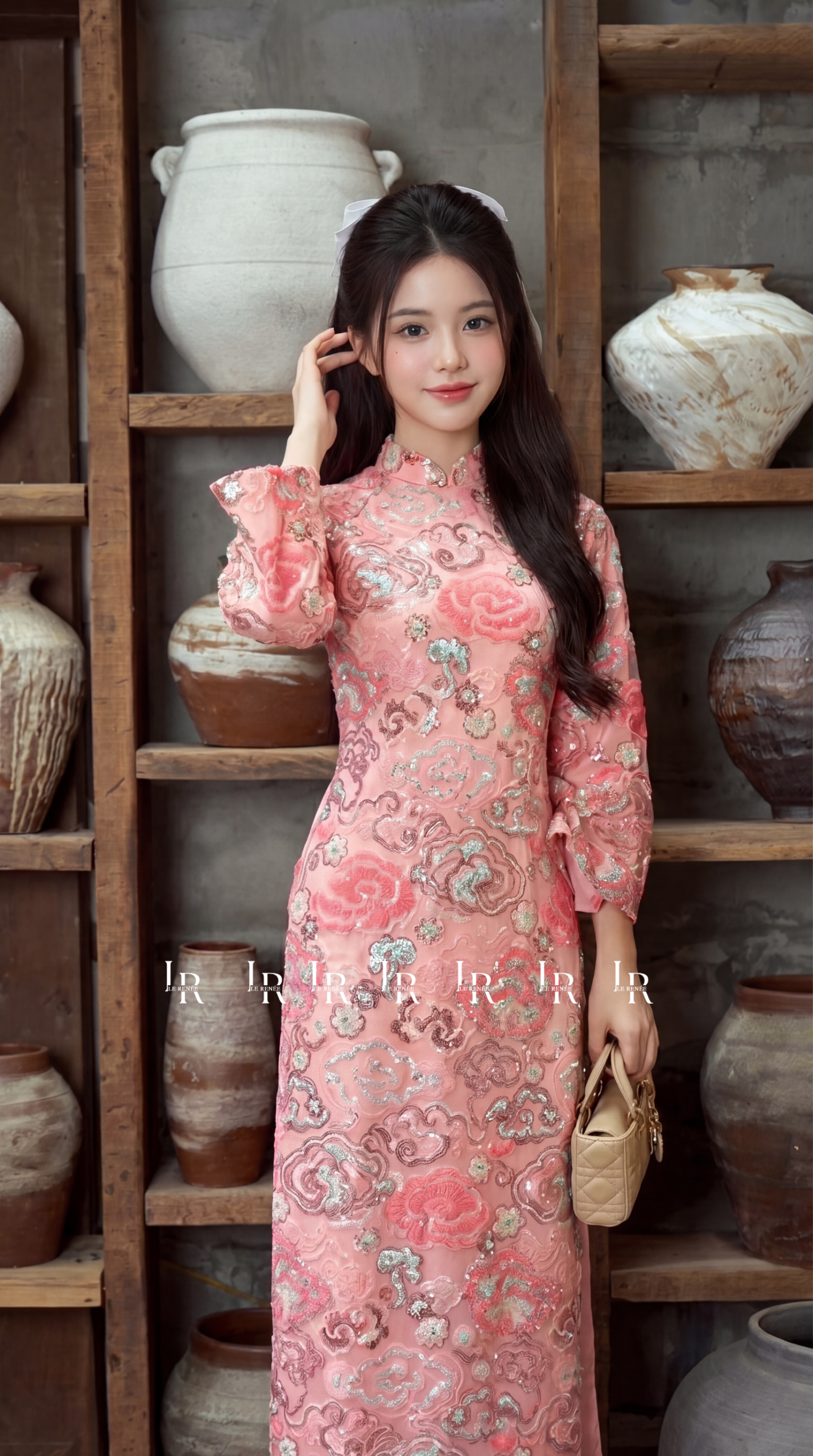 Áo Dài Hoa Hồng Phấn Ngân Sa
