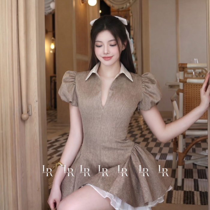 Váy Thiết Kế Nâu Mocha Cổ Sơ Mi Phối Tùng Xòe